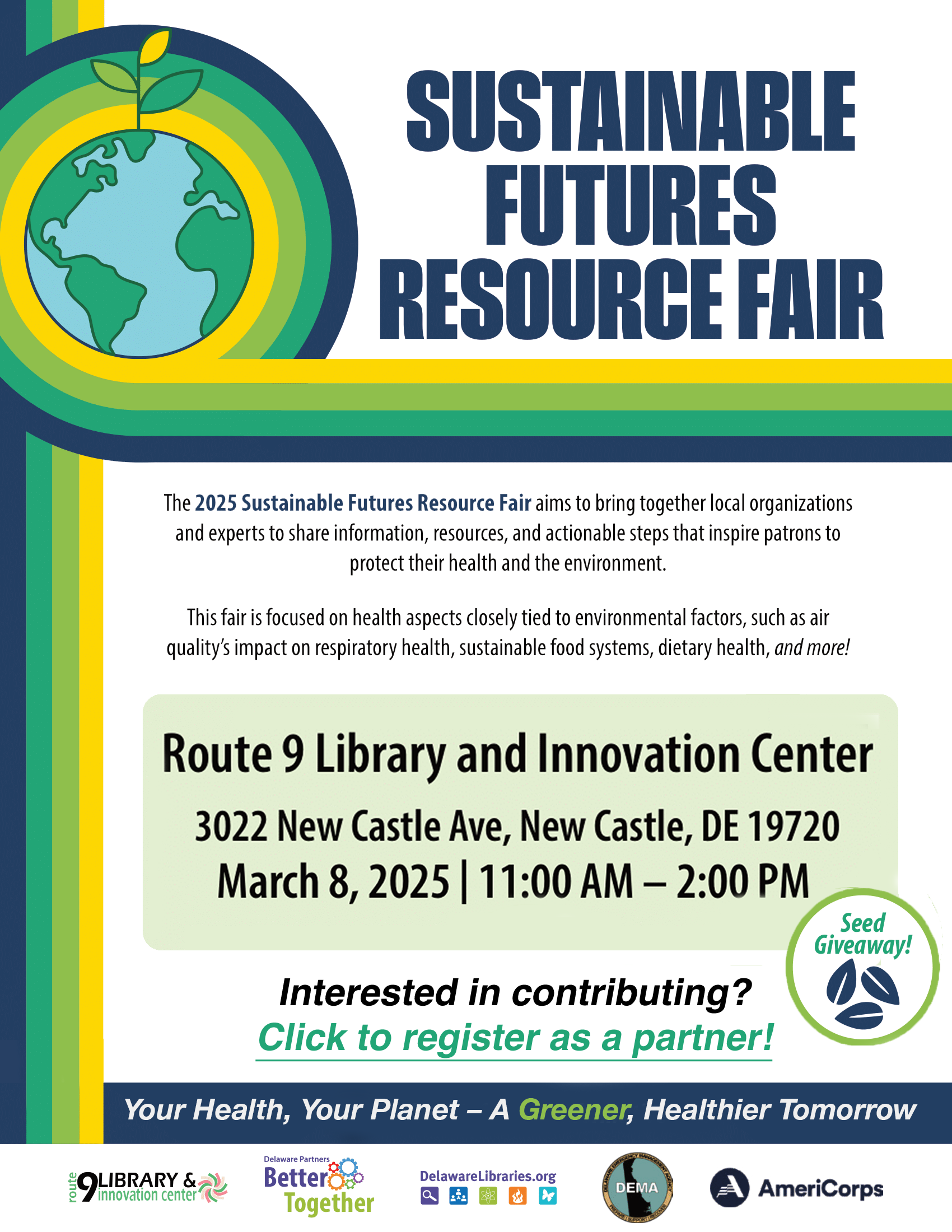 Sustainable Futures Resource Fair promotional image showing event details: March 8, 2025 from 11am-2pm at Route 9 Library